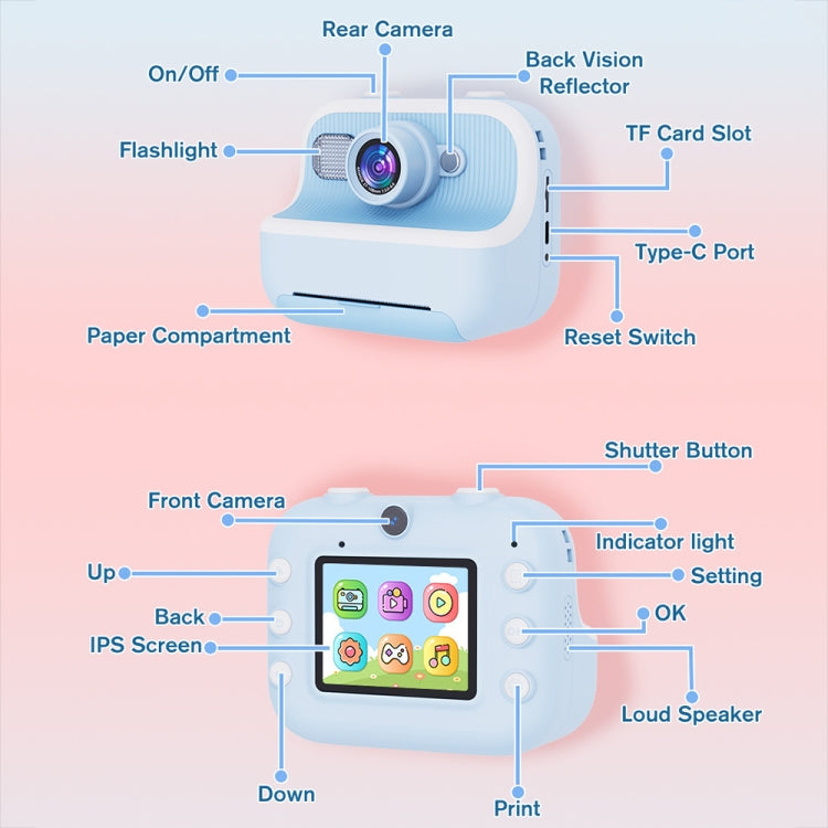M8 2.4-Inch 1080P HD 2400W Pixel Dual-Camera Children Thermal Printing Camera, Color: Blue - Children Cameras by PMC TechLife | Online Shopping South Africa | PMC TechLife | Buy Now Pay Later Mobicred