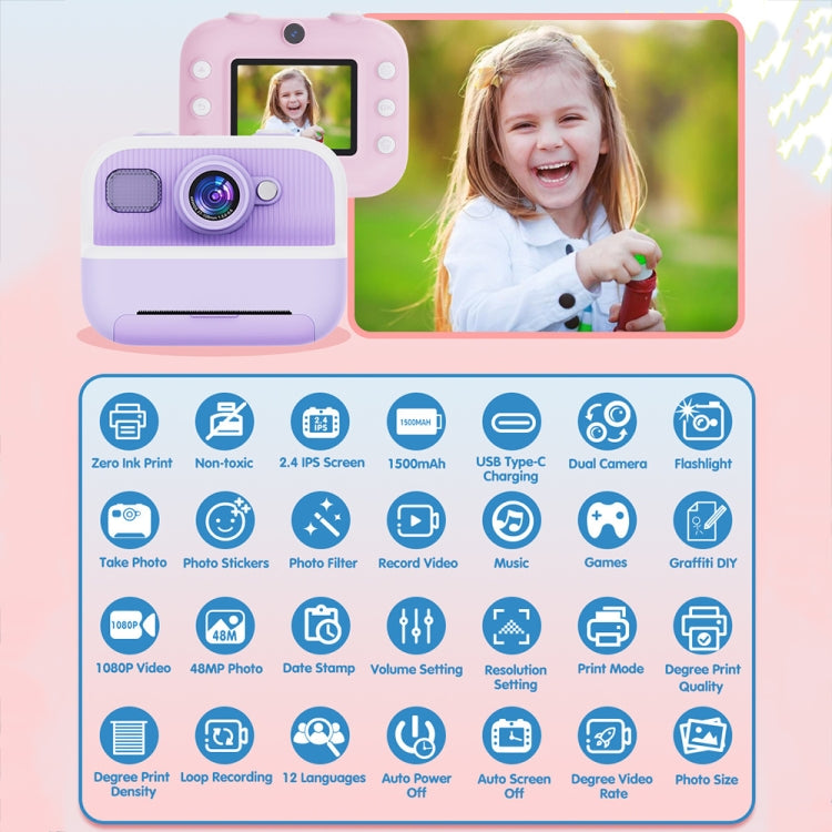 M8 2.4-Inch 1080P HD 2400W Pixel Dual-Camera Children Thermal Printing Camera, Color: Purple+32GB - Children Cameras by PMC Jewellery | Online Shopping South Africa | PMC Jewellery | Buy Now Pay Later Mobicred