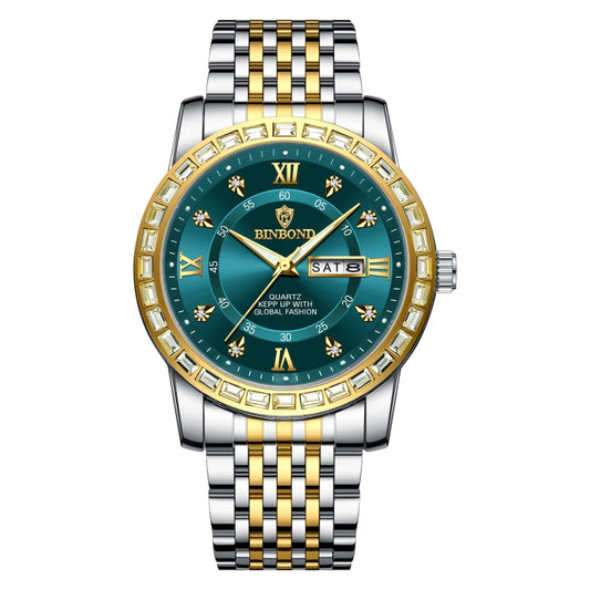 BINBOND B2202 Diamond Dual-calendar Luminous Quartz Watch, Color: Inter-gold-Green - Metal Strap Watches by BINBOND | Online Shopping South Africa | PMC Jewellery | Buy Now Pay Later Mobicred