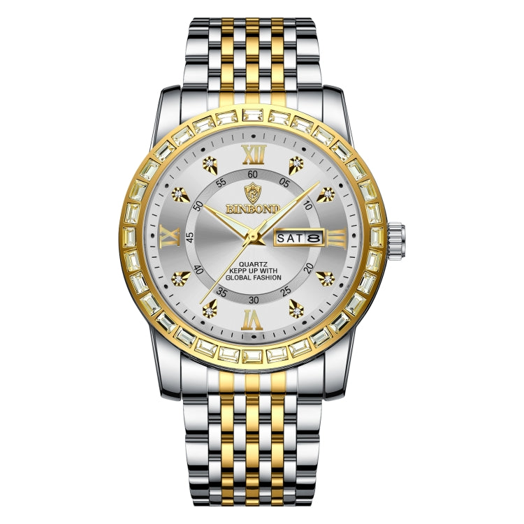 BINBOND B2202 Diamond Dual-calendar Luminous Quartz Watch, Color: Inter-gold-White - free shipping - PMC TechLife - Order now!