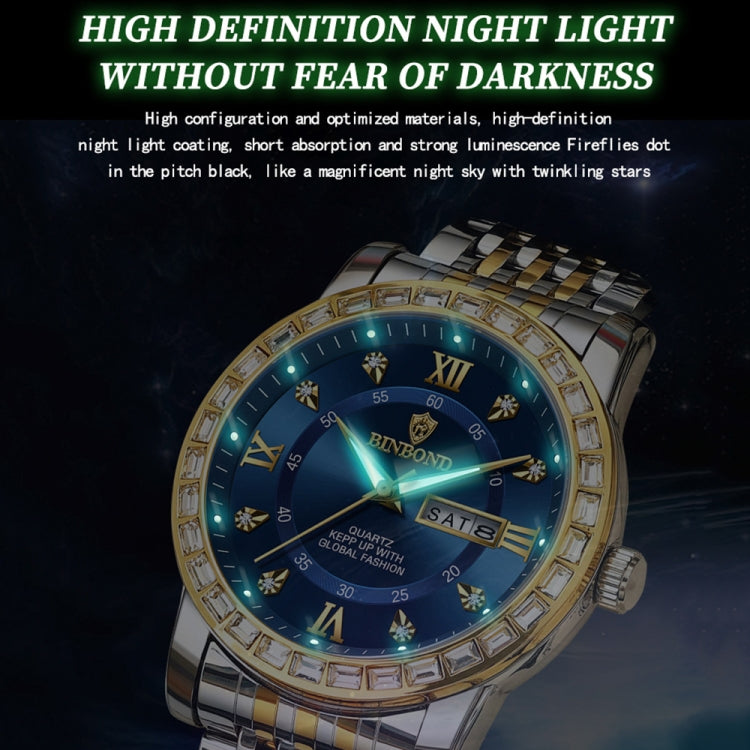 BINBOND B2202 Diamond Dual-calendar Luminous Quartz Watch, Color: Inter-gold-White - free shipping - PMC TechLife - Order now!