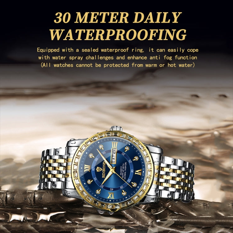 BINBOND B2202 Diamond Dual-calendar Luminous Quartz Watch, Color: Inter-gold-Blue - free shipping - PMC TechLife - Order now!