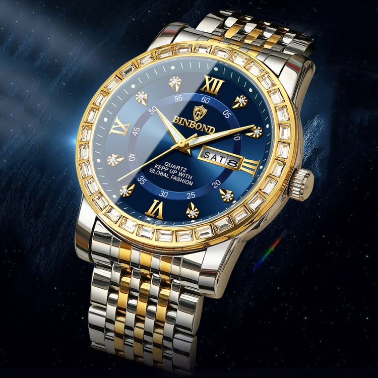 BINBOND B2202 Diamond Dual-calendar Luminous Quartz Watch, Color: Full-gold-Gold - free shipping - PMC TechLife - Order now!