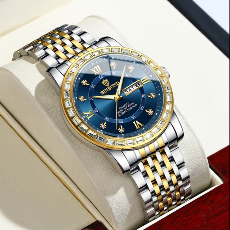 BINBOND B2202 Diamond Dual-calendar Luminous Quartz Watch, Color: Inter-gold-Blue - free shipping - PMC TechLife - Order now!