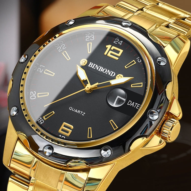 BINBOND B9696 Outdoor Calendar Luminous Waterproof Quartz Watch, Color: Full Gold-Black-Gold Nail - Metal Strap Watches by BINBOND | Online Shopping South Africa | PMC Jewellery | Buy Now Pay Later Mobicred