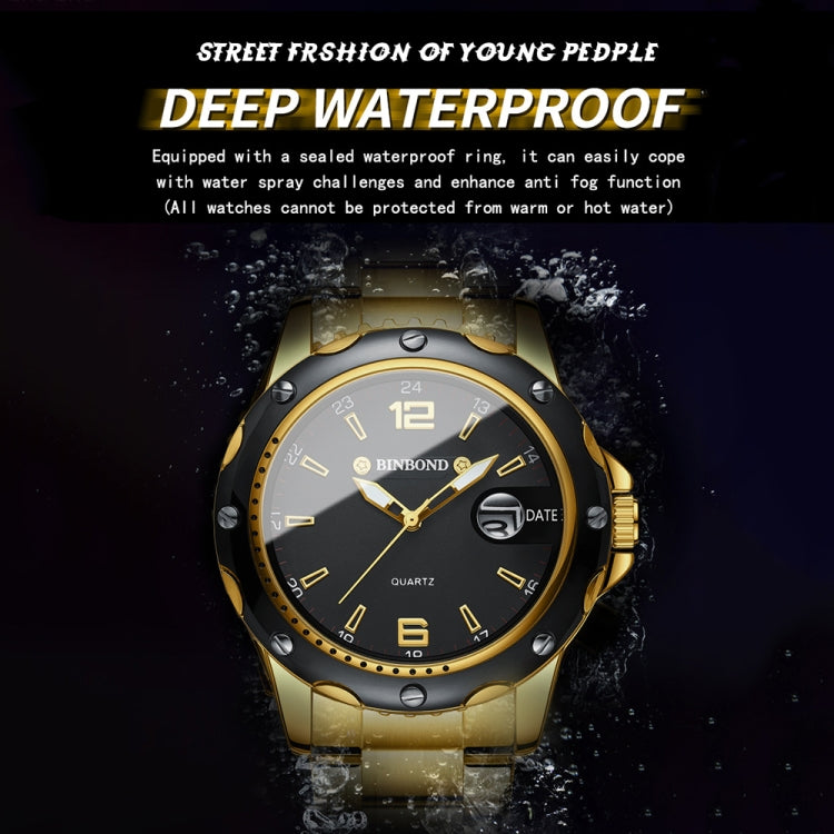 BINBOND B9696 Outdoor Calendar Luminous Waterproof Quartz Watch, Color: Black Steel-Black-White Nail - free shipping - PMC TechLife - Order now!