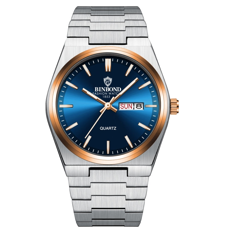 BINBOND B102 Dual-calendar Leisure Waterproof Luminous Quartz Watch, Color: Inter-Rose-Gold-Blue - Metal Strap Watches by BINBOND | Online Shopping South Africa | PMC Jewellery | Buy Now Pay Later Mobicred