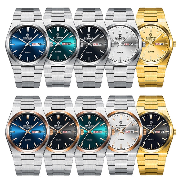 BINBOND B102 Dual-calendar Leisure Waterproof Luminous Quartz Watch, Color: White Steel-Green - free shipping - PMC TechLife - Order now!
