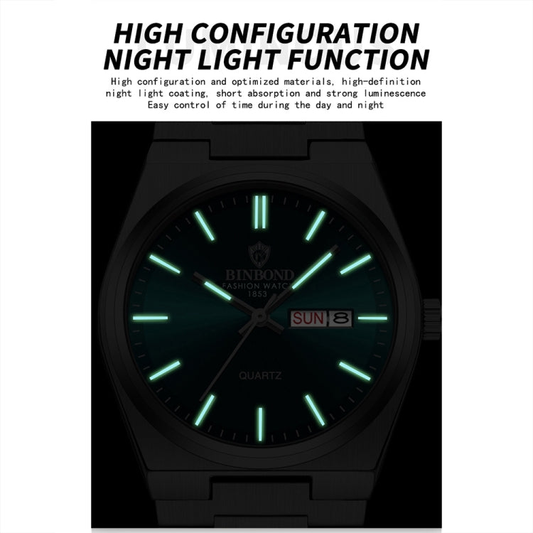 BINBOND B102 Dual-calendar Leisure Waterproof Luminous Quartz Watch, Color: White Steel-Green - free shipping - PMC TechLife - Order now!