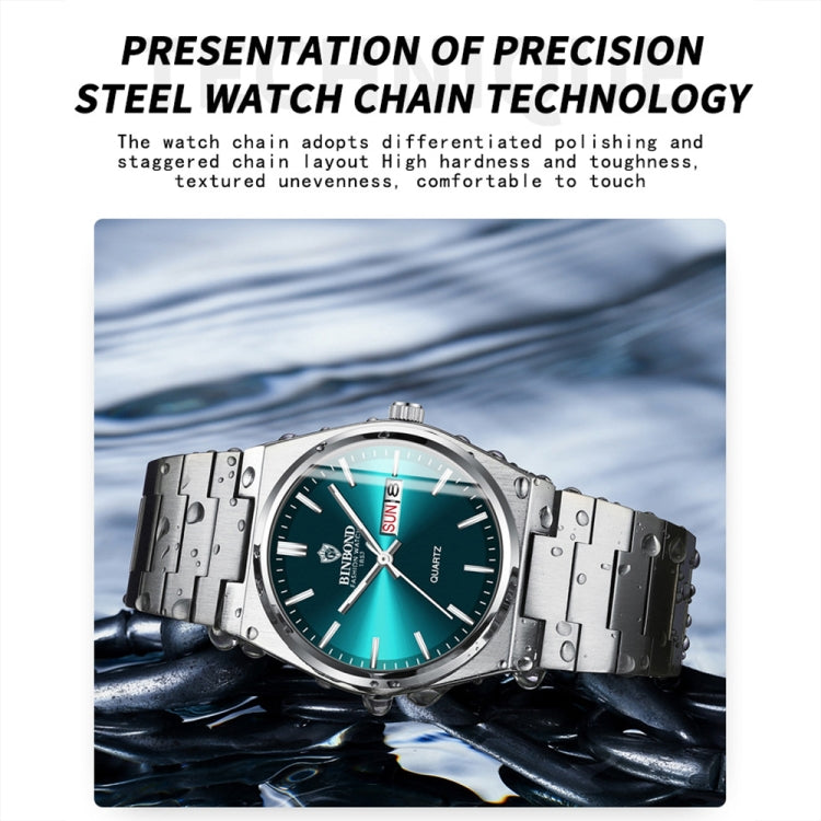 BINBOND B102 Dual-calendar Leisure Waterproof Luminous Quartz Watch, Color: White Steel-Blue - free shipping - PMC TechLife - Order now!