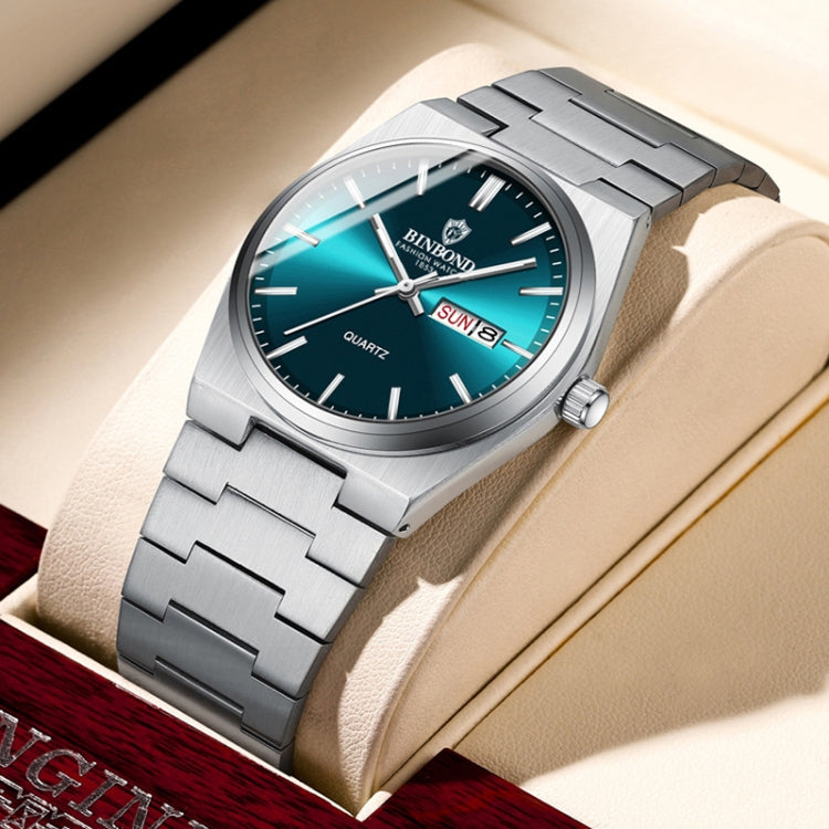 BINBOND B102 Dual-calendar Leisure Waterproof Luminous Quartz Watch, Color: White Steel-Green - free shipping - PMC TechLife - Order now!