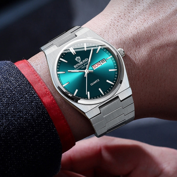BINBOND B102 Dual-calendar Leisure Waterproof Luminous Quartz Watch, Color: White Steel-Green - free shipping - PMC TechLife - Order now!