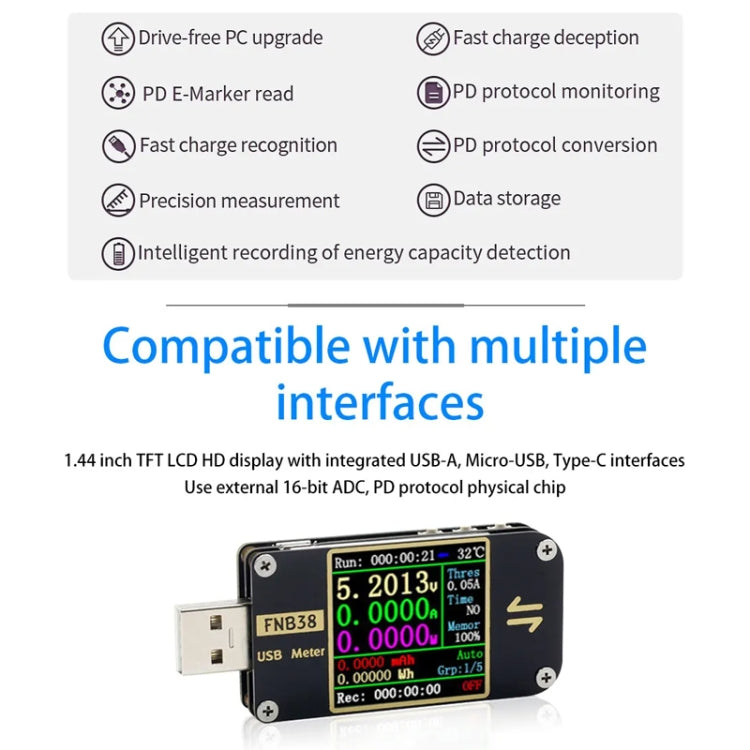 FNIRSI FNB38 USB Voltage And Current Meter Capacity Fast Charging Protocol Tester(Black) - Current & Voltage Tester by FNIRSI | Online Shopping South Africa | PMC Jewellery | Buy Now Pay Later Mobicred