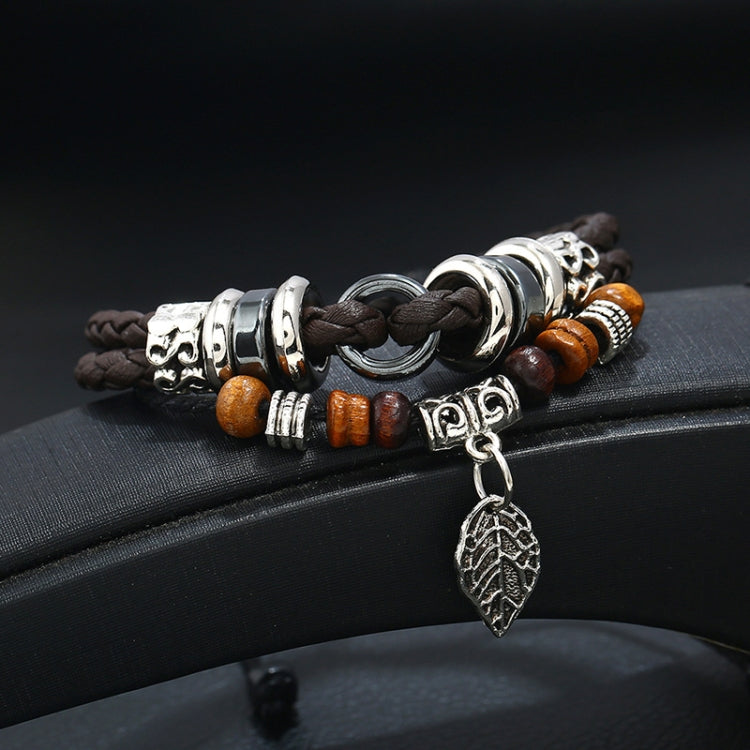 Multi-Layers Braided Leaf Charm Bracelet Simple Personalized Hand Band(Dark Brown) - Bracelets by PMC Jewellery | Online Shopping South Africa | PMC Jewellery | Buy Now Pay Later Mobicred