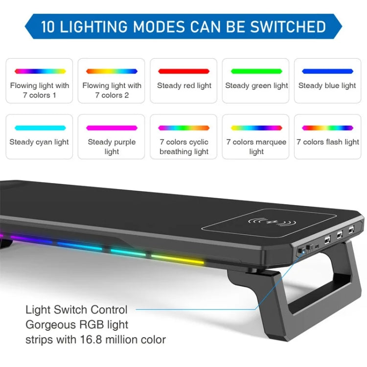 RGB Computer Monitor Stand Riser 3 USB 2.0 +1 Type-C Ports, Spec: Wireless Charging White - Laptop Stand by PMC Jewellery | Online Shopping South Africa | PMC Jewellery | Buy Now Pay Later Mobicred