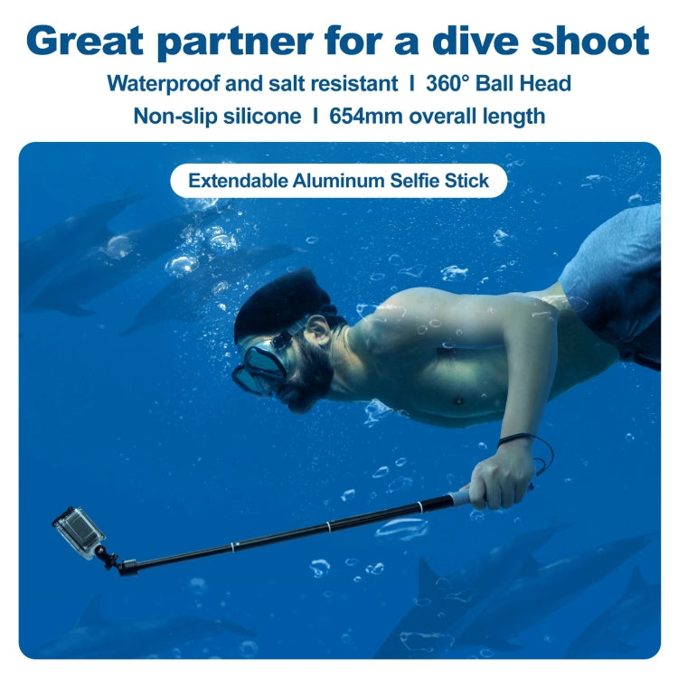 TELESIN WSS-001 65.4cm Aluminum Alloy Waterproof Ball Head Selfie Stick Diving Shooting Sports Camera Extension Stick - Extendable Pole by TELESIN | Online Shopping South Africa | PMC TechLife | Buy Now Pay Later Mobicred