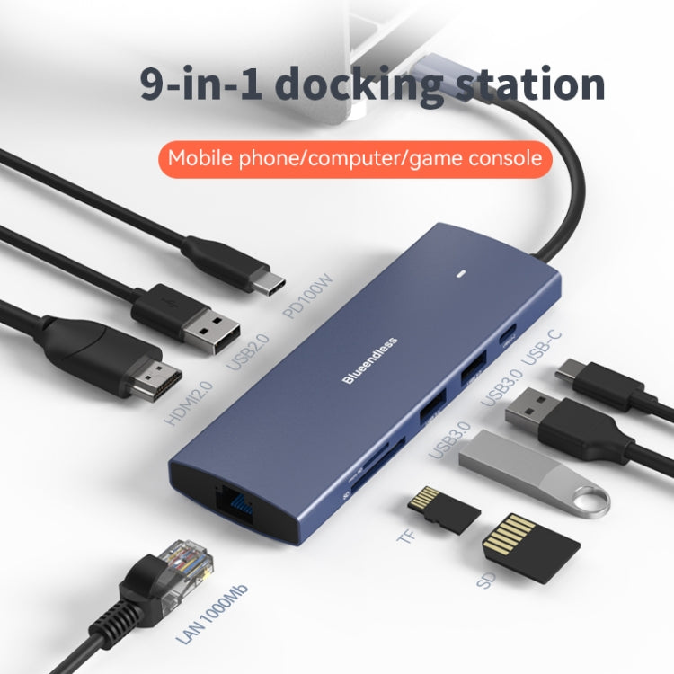 Blueendless 4K60Hz + Gigabit LAN + Data Type-C Docking Station, Spec: 9-in-1 Reading Card Gray - USB HUB by Blueendless | Online Shopping South Africa | PMC Jewellery | Buy Now Pay Later Mobicred