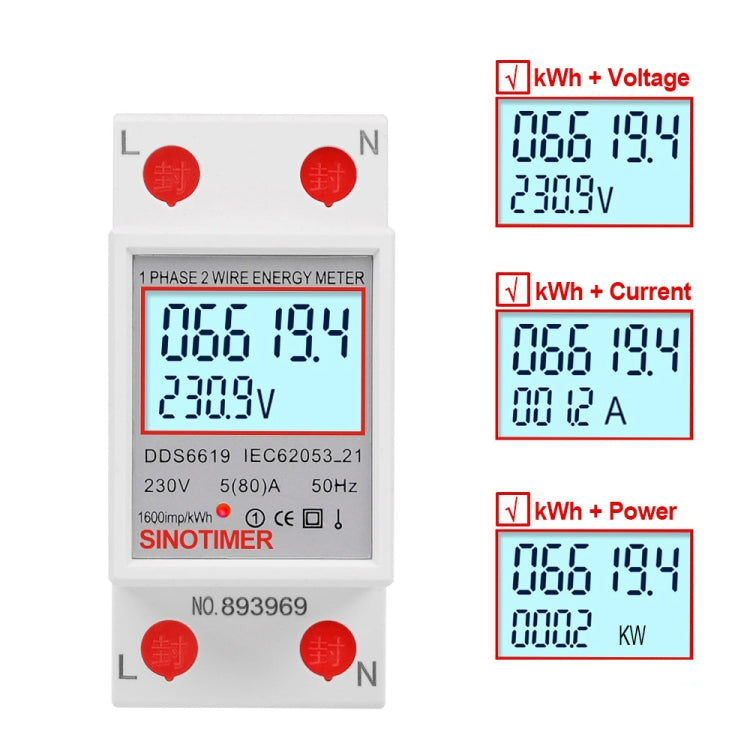 SINOTIMER  DDS6619 80A 230V Din Rail Single Phase Energy Meter Voltage Current Power Meter With Backlight - Other Tester Tool by SINOTIMER | Online Shopping South Africa | PMC Jewellery | Buy Now Pay Later Mobicred