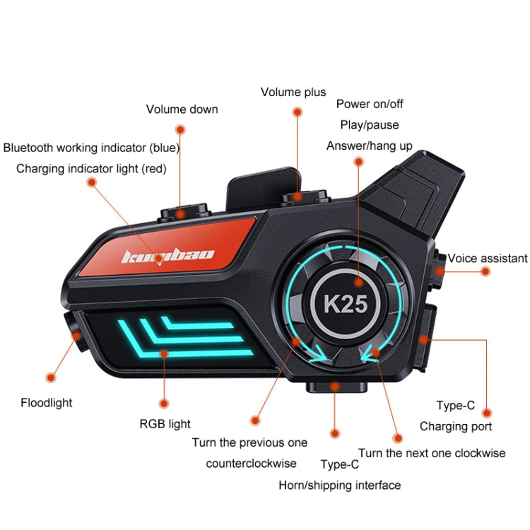 KUQIBAO Motorcycle Helmet Waterproof Bluetooth-compatible Headset With Light(Hard Microphone) - Motorcycle Walkie Talkie by KUQIBAO | Online Shopping South Africa | PMC TechLife | Buy Now Pay Later Mobicred
