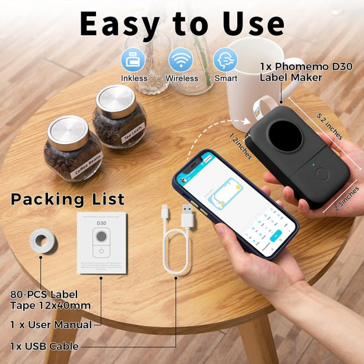 Phomemo D30 Thermal Label Printer Portable Bluetooth Mini Label Maker Machine With 1 Roll Paper Black - free shipping - PMC TechLife - Order now!