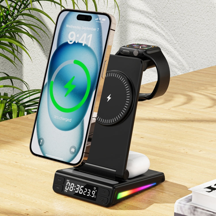 5-in-1 Desktop Magnetic Wireless Charger with Clock and Temperature Display for Smartphones / Watches / Earphones(Black) - Wireless Charger by PMC Jewellery | Online Shopping South Africa | PMC Jewellery | Buy Now Pay Later Mobicred