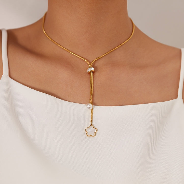 OPK GX2426 Simple Stainless Steel Flower Pearl Pendant Tassel Necklace - Necklaces & Pendants by OPK | Online Shopping South Africa | PMC Jewellery | Buy Now Pay Later Mobicred