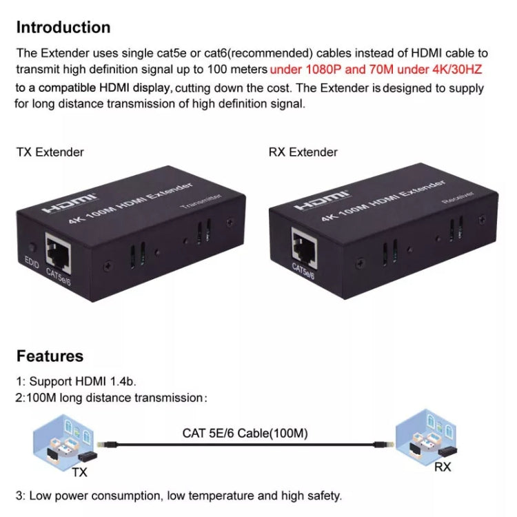 HDMI To RJ45 Single Ethernet Cable 100m Extender 4K HD Cable Signal Amplifier EU Plug(Black) - Amplifier by PMC Jewellery | Online Shopping South Africa | PMC Jewellery | Buy Now Pay Later Mobicred