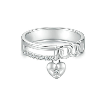 S925 Sterling Silver Platinum-plated Double-layer Chain Heart-shaped Ring, Size: 6(BSR572) - Rings by PMC Jewellery | Online Shopping South Africa | PMC Jewellery | Buy Now Pay Later Mobicred