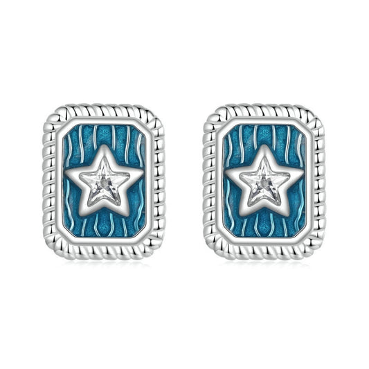 S925 Sterling Silver Platinum-plated Star Square Earrings(SCE1796) - Stud Earrings & Earrings by PMC Jewellery | Online Shopping South Africa | PMC Jewellery | Buy Now Pay Later Mobicred