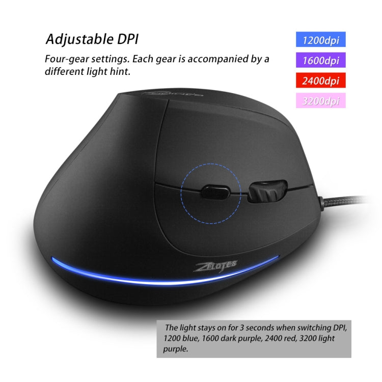 ZELOTES T20 6-Keys Vertical Grip Ergonomic Laptop Wired Mouse(Black) - Wired Mice by ZELOTES | Online Shopping South Africa | PMC TechLife | Buy Now Pay Later Mobicred