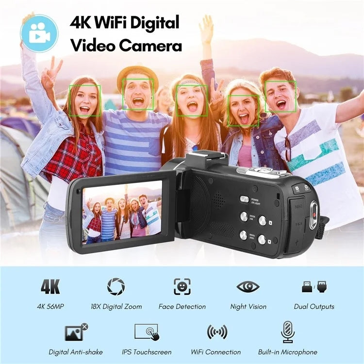 4K  Digital Video Camera 3 Inch IPS Touch Screen 56MP 18X Digital Zoom WiFi Camcorder, Spec: Set 3 - Video Cameras by PMC TechLife | Online Shopping South Africa | PMC TechLife | Buy Now Pay Later Mobicred