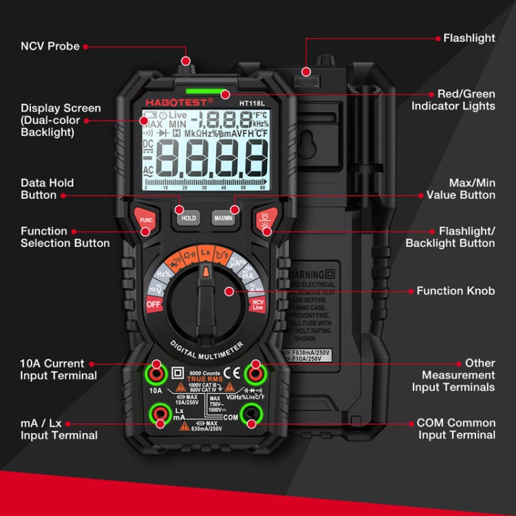HABOTEST HT118L Mini High Precision Intelligent Anti-Burning Electrician Multimeter(Black) - free shipping - PMC TechLife - Order now!