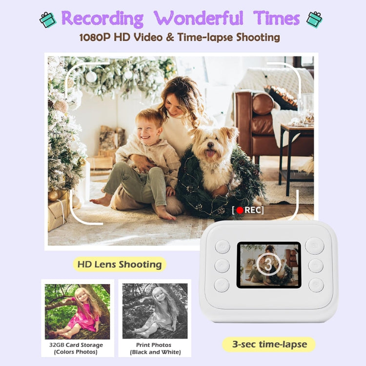 2.0-Inch LED Flash 1080P HD Recording Photo Printing Camera With 3-Rolls Paper, Color: White+32G - Children Cameras by PMC TechLife | Online Shopping South Africa | PMC TechLife | Buy Now Pay Later Mobicred