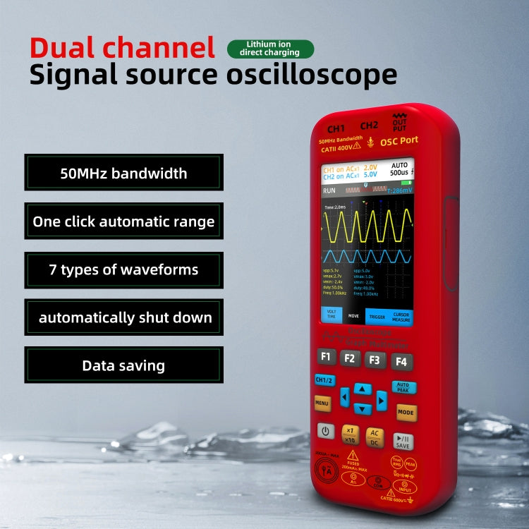 BSIDE O9 Digital Handheld Dual Channel 50MHz Oscilloscope Signal Source Multimeter, Spec: With Dual Oscilloscope Probe (Red) - Digital Multimeter by BSIDE | Online Shopping South Africa | PMC TechLife | Buy Now Pay Later Mobicred