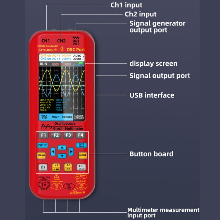 BSIDE O9 Digital Handheld Dual Channel 50MHz Oscilloscope Signal Source Multimeter, Spec: With Dual Oscilloscope Probe (Red) - Digital Multimeter by BSIDE | Online Shopping South Africa | PMC TechLife | Buy Now Pay Later Mobicred