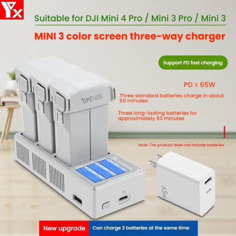 For DJI Mini 4 Pro / Mini 3 Pro / Mini 3 YX Color Screen 3-Way Charger Battery Manager With 65W US Plug - free shipping - PMC TechLife - Order now!