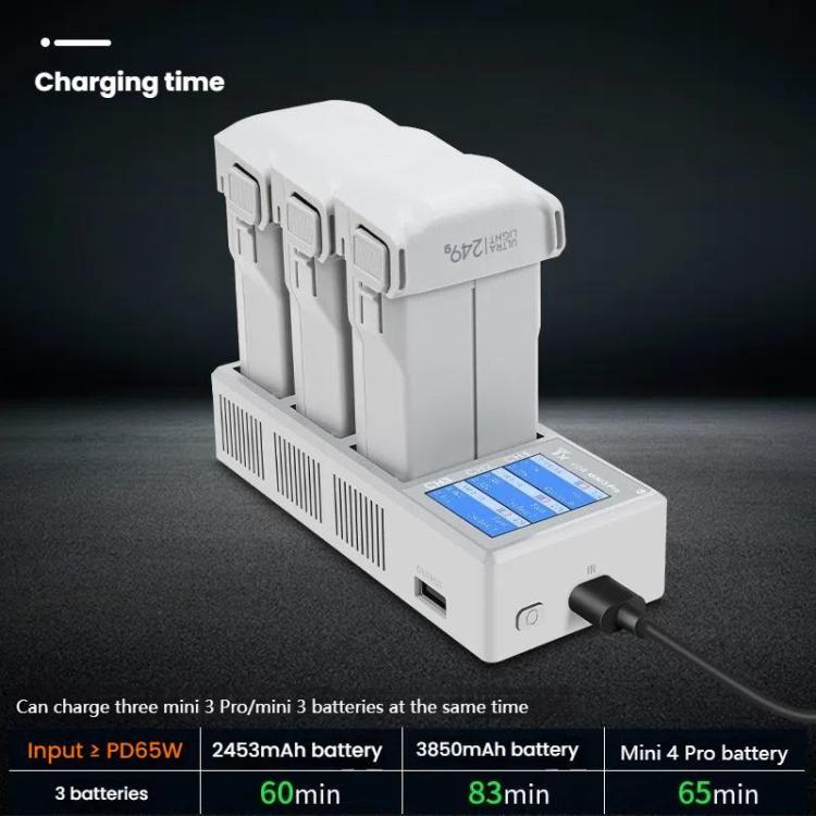 For DJI Mini 4 Pro / Mini 3 Pro / Mini 3 YX Color Screen 3-Way Charger Battery Manager With 65W EU Plug - free shipping - PMC TechLife - Order now!