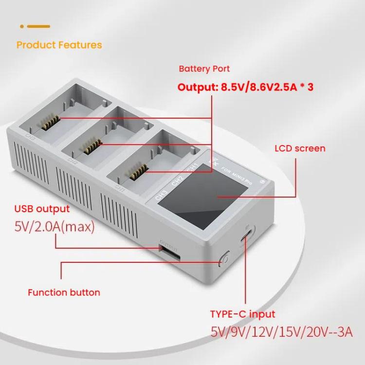 For DJI Mini 4 Pro / Mini 3 Pro / Mini 3 YX Color Screen 3-Way Charger Battery Manager With 65W US Plug - free shipping - PMC TechLife - Order now!