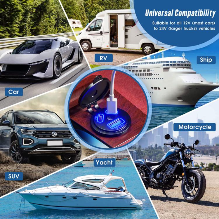 Kewig P22A 12-24V Vehicle Motorcycle Boat Modified Dual PD+QC3.0 3-Port Car Charger With Switch, Style: With Terminal(Blue Light) - Car Charger by Kewig | Online Shopping South Africa | PMC TechLife | Buy Now Pay Later Mobicred