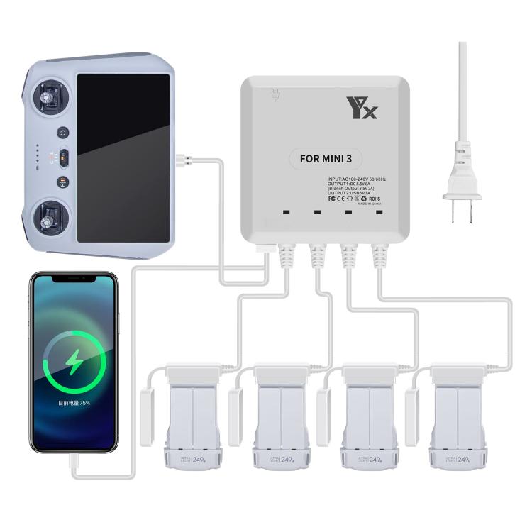 For DJI Mini 4 Pro / Mini 3 Pro / Mini 3 Drone YX 4-way Charger Battery Butler EU Plug - free shipping - PMC TechLife - Order now!