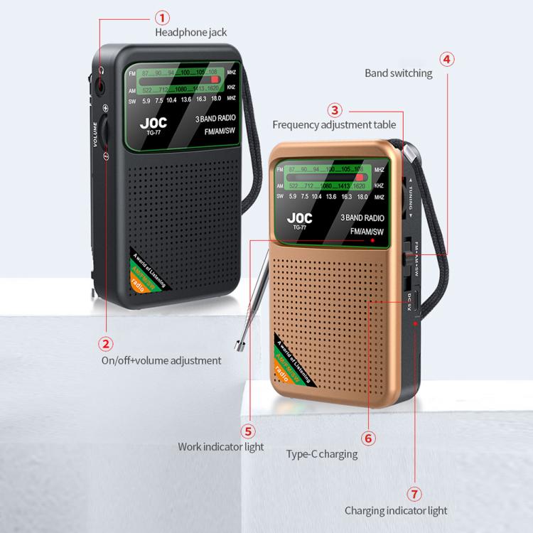 JOC TG-77 Mini FM / AM / SW Portable Full-Band Full-Channel Radio(Gold) - Radio Player by JOC | Online Shopping South Africa | PMC TechLife | Buy Now Pay Later Mobicred