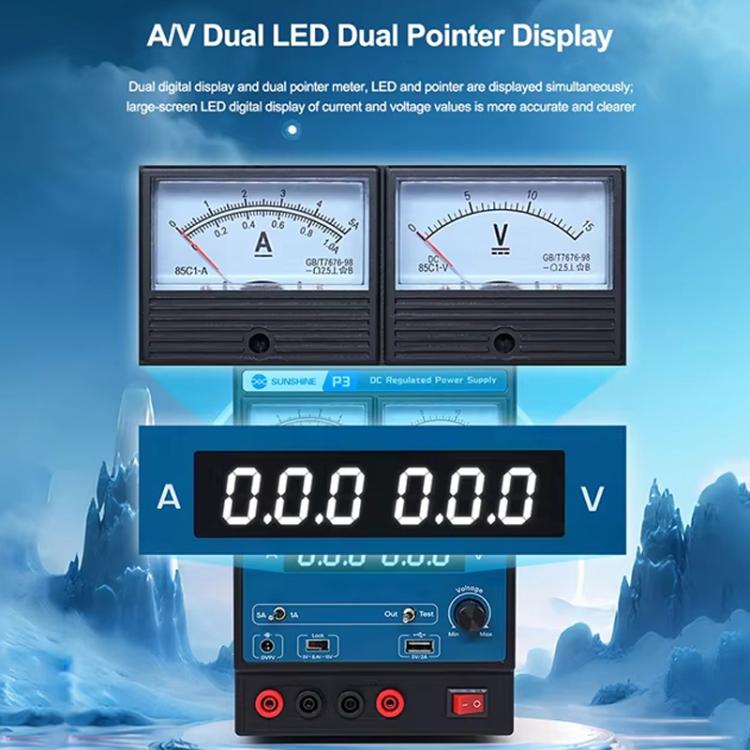 SUNSHINE P3 DC Regulated Power Supply 5V/8.4V/15V Switching Mobile Phone Repair Regulated Power Supply Meter(EU Plug 220V) - free shipping - PMC TechLife - Order now!