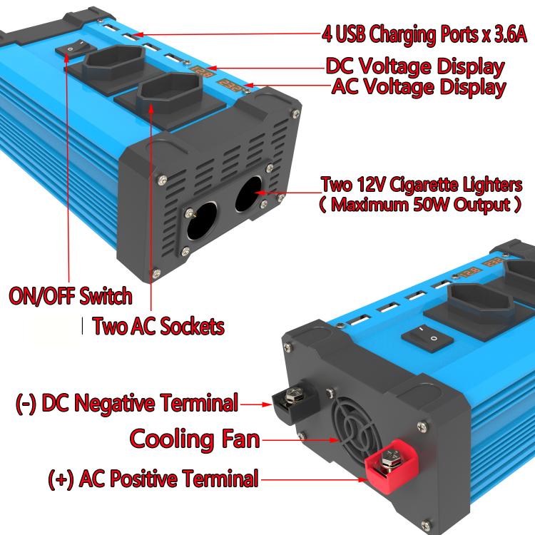 Gurxun 4 USB Ports Digital Display Modified Square Wave Inverter, Spec: 500W Brazil Plug 12V To 220V - free shipping - PMC TechLife - Order now!