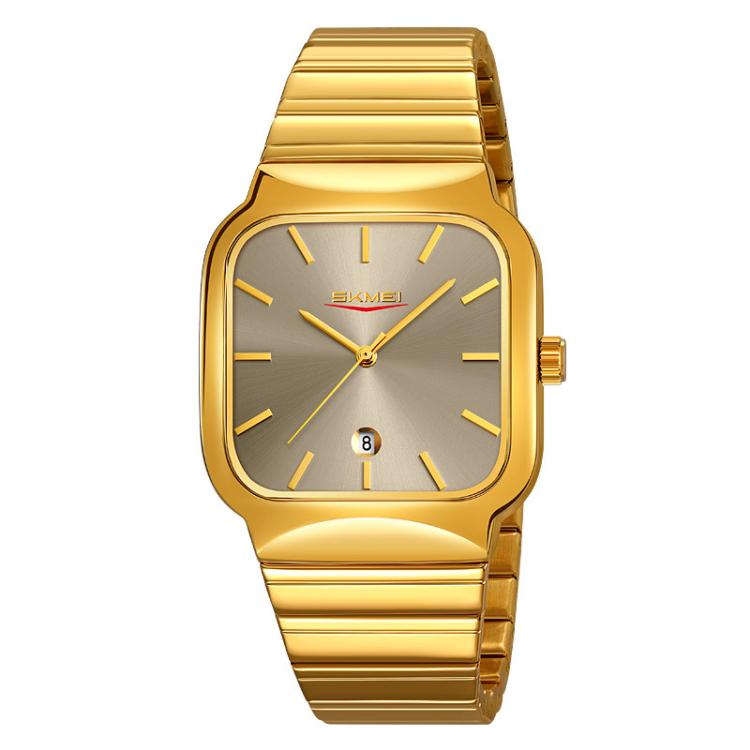 SKMEI 9361 Steel Strap Textured Dial Watch Business Casual Square Quartz Watch, Style: Gold Case Gray Dial - free shipping - PMC TechLife - Order now!