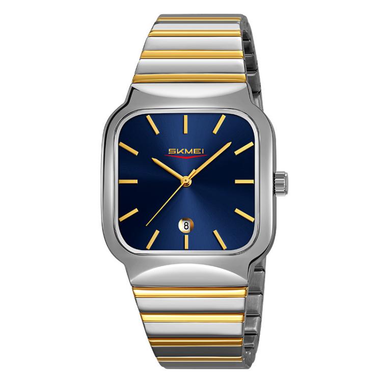 SKMEI 9361 Steel Strap Textured Dial Watch Business Casual Square Quartz Watch, Style: Silver Gold Case Blue Dial - free shipping - PMC TechLife - Order now!