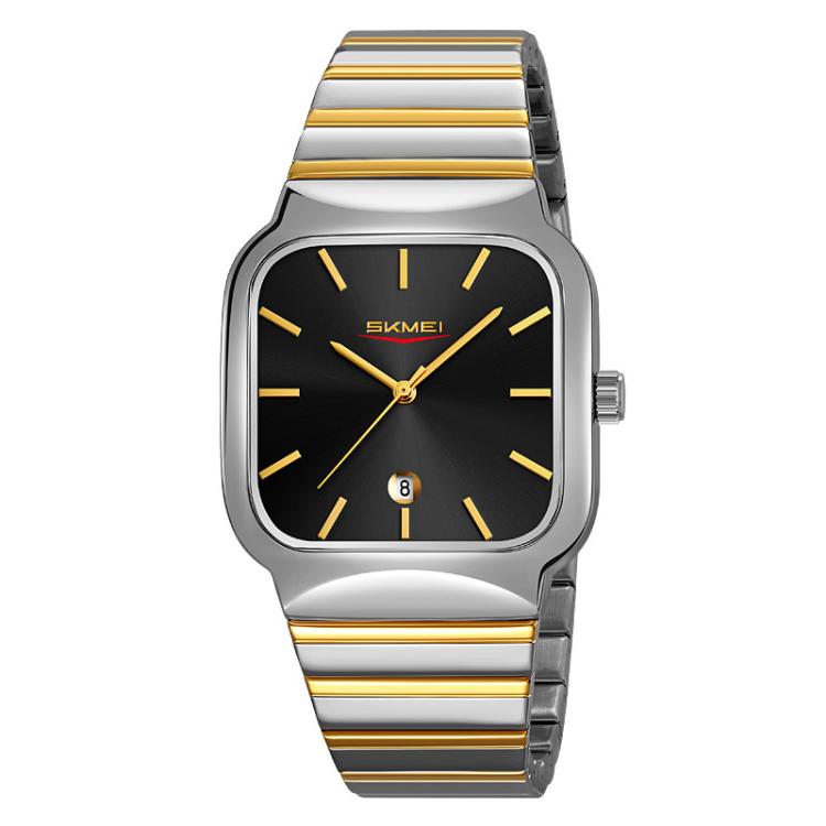 SKMEI 9361 Steel Strap Textured Dial Watch Business Casual Square Quartz Watch, Style: Silver Gold Case Black Dial - free shipping - PMC TechLife - Order now!