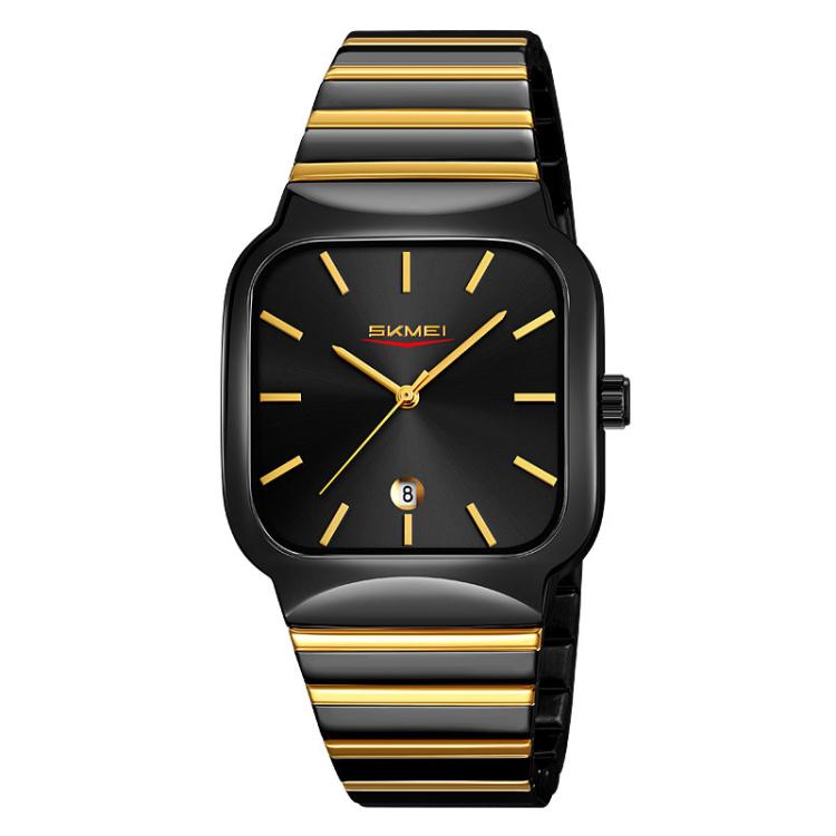 SKMEI 9361 Steel Strap Textured Dial Watch Business Casual Square Quartz Watch, Style: Black Gold Case Black Dial - free shipping - PMC TechLife - Order now!