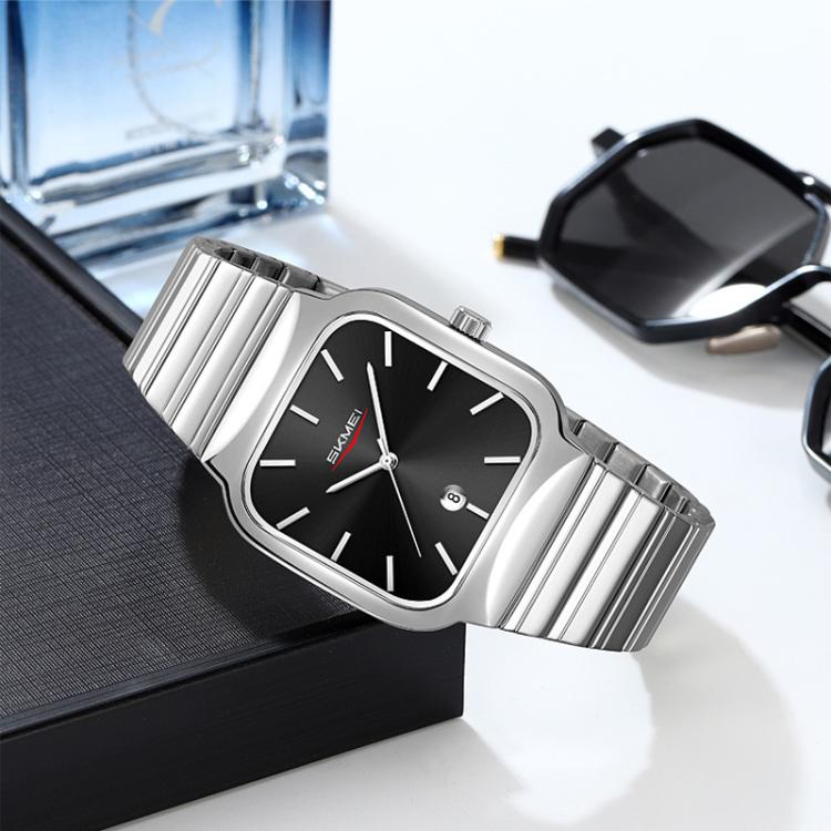 SKMEI 9361 Steel Strap Textured Dial Watch Business Casual Square Quartz Watch, Style: Silver Gold Case Blue Dial - free shipping - PMC TechLife - Order now!