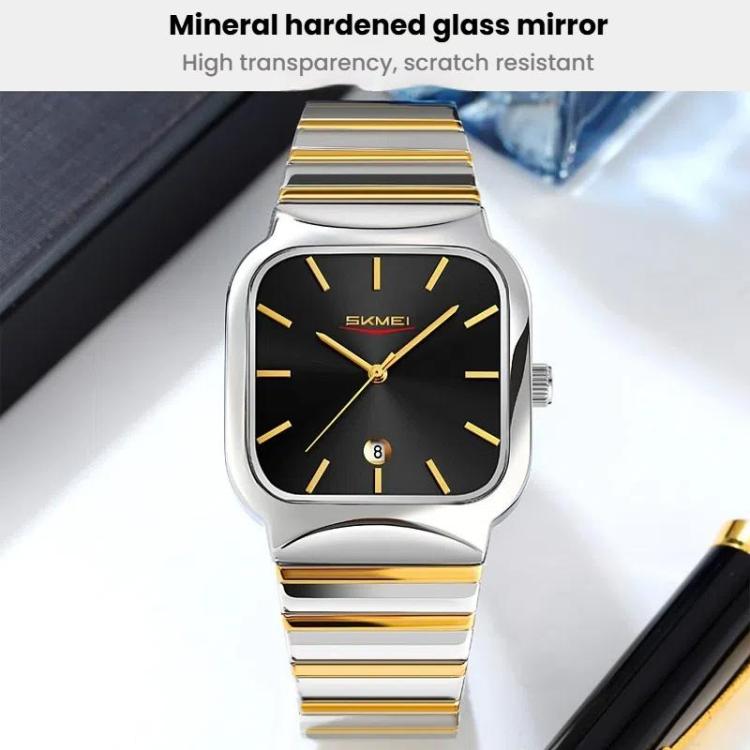 SKMEI 9361 Steel Strap Textured Dial Watch Business Casual Square Quartz Watch, Style: Silver Gold Case Blue Dial - free shipping - PMC TechLife - Order now!