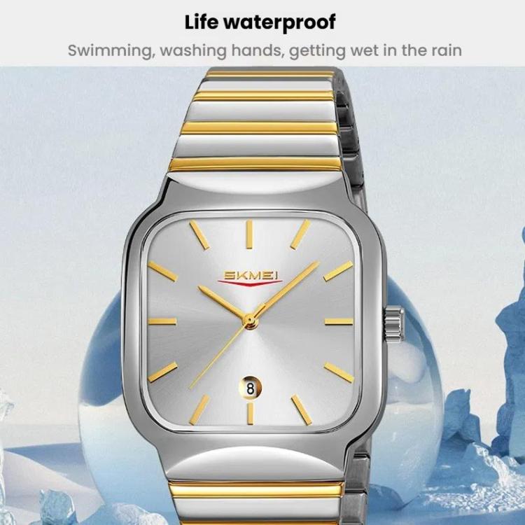 SKMEI 9361 Steel Strap Textured Dial Watch Business Casual Square Quartz Watch, Style: Silver Gold Case Blue Dial - free shipping - PMC TechLife - Order now!